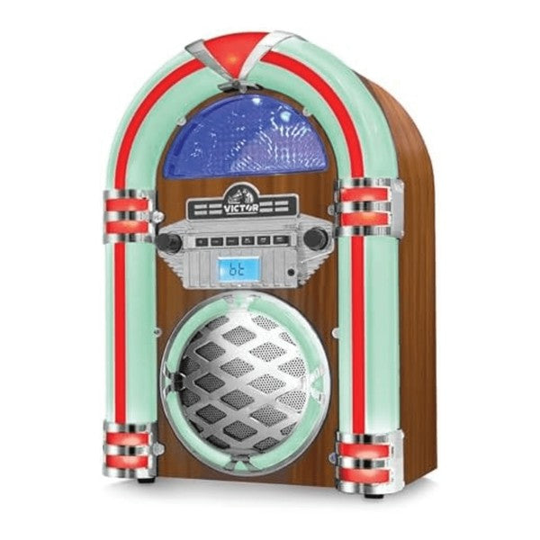 Victor Wilshire Bluetooth Jukebox by Jupiter Gear with retro design and colorful lights