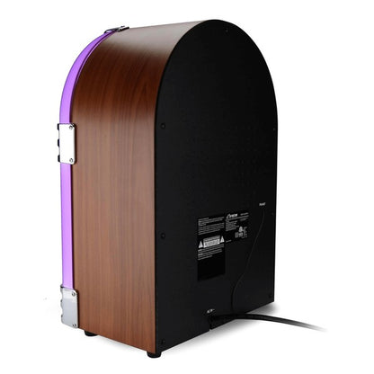 Rear view of Victor Wilshire Bluetooth Jukebox by Jupiter Gear with wood finish and power cord