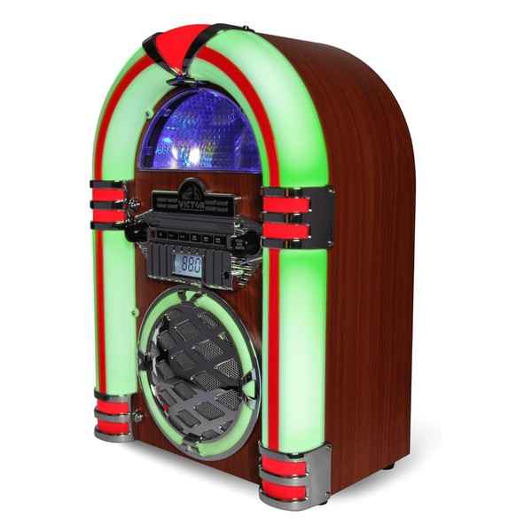 Victor Wilshire Bluetooth Jukebox with colorful neon lights and retro wood finish by Jupiter Gear