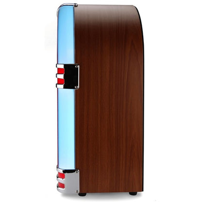 Side view of Victor Wilshire Bluetooth Jukebox with wood finish and blue illuminated trim