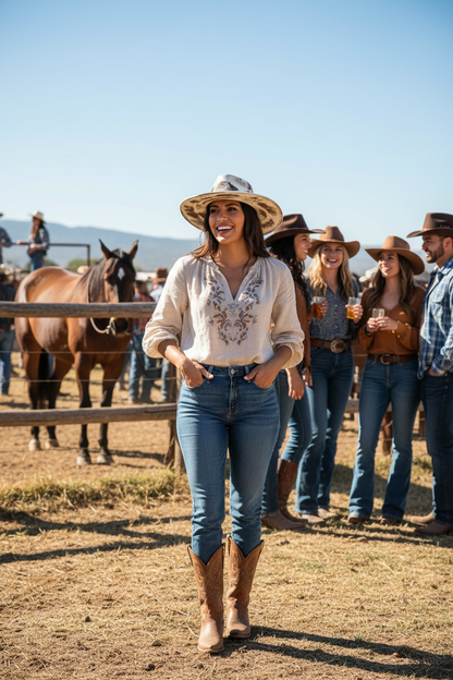 Vintage distressed cowboy fedora lifestyle - ranch with horses