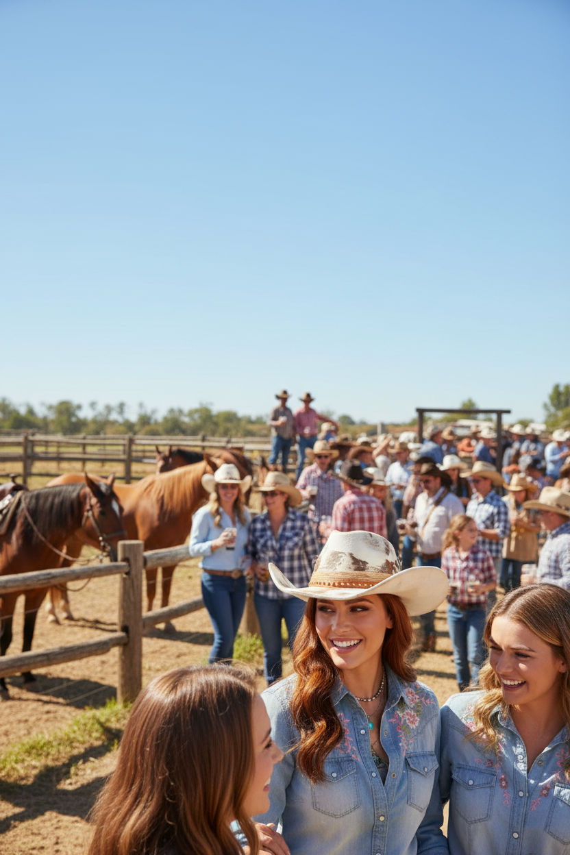 Vintage distressed cowboy fedora lifestyle - stunning natural redhead at ranch with horses
