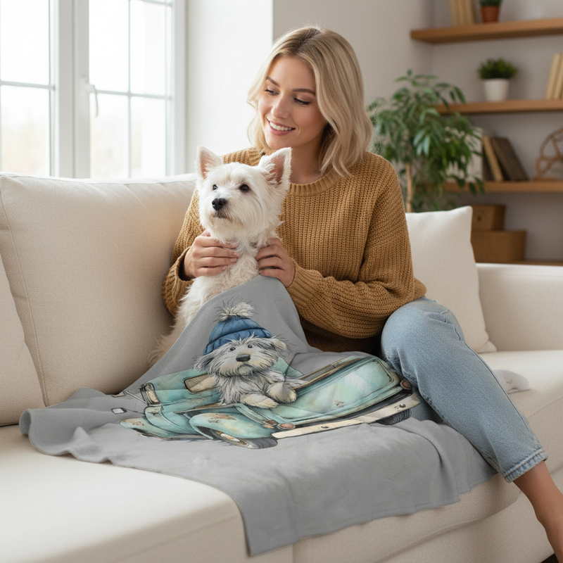 Vintage Truck Puppy Blanket Spread on Couch