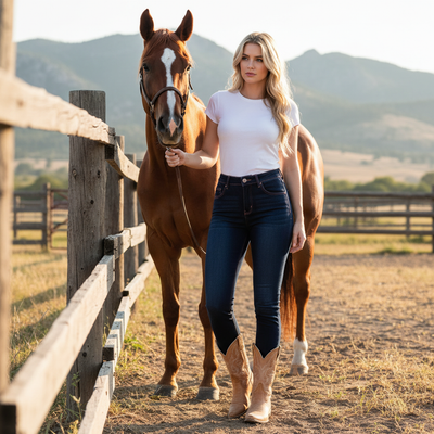 Western Bootcut Jeans Horse Embroidery Ranch Scene