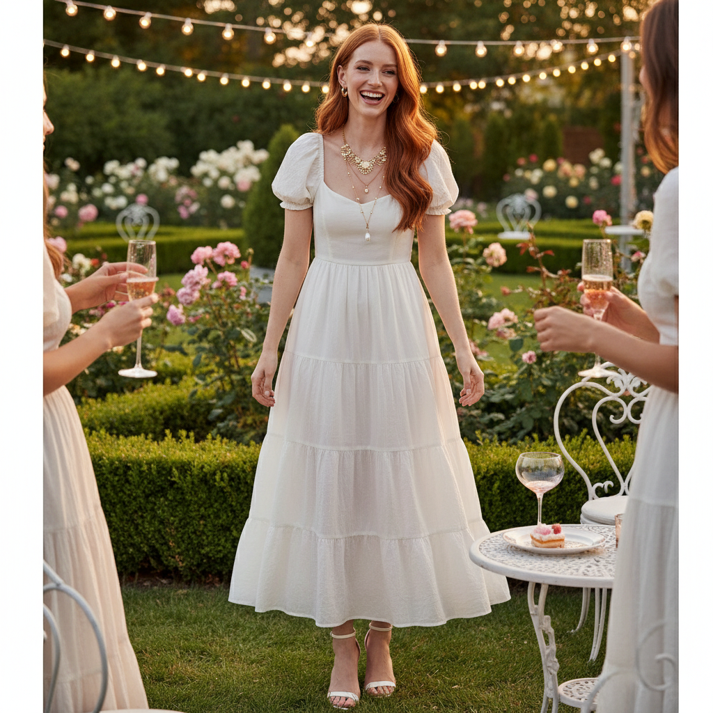 White Backless Tiered Puff Sleeve Fit Midi Dress Lifestyle Image