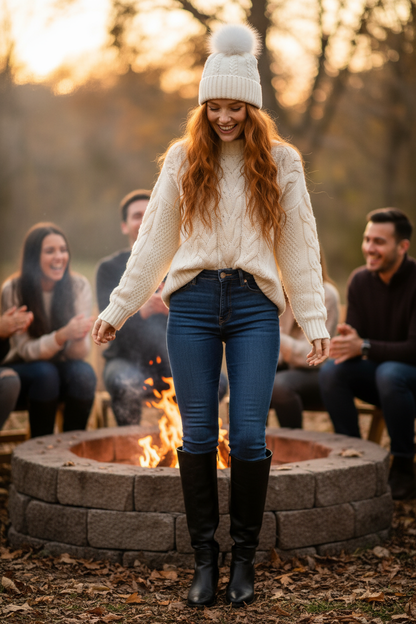 White beanie with leather knee-high boots at outdoor firepit