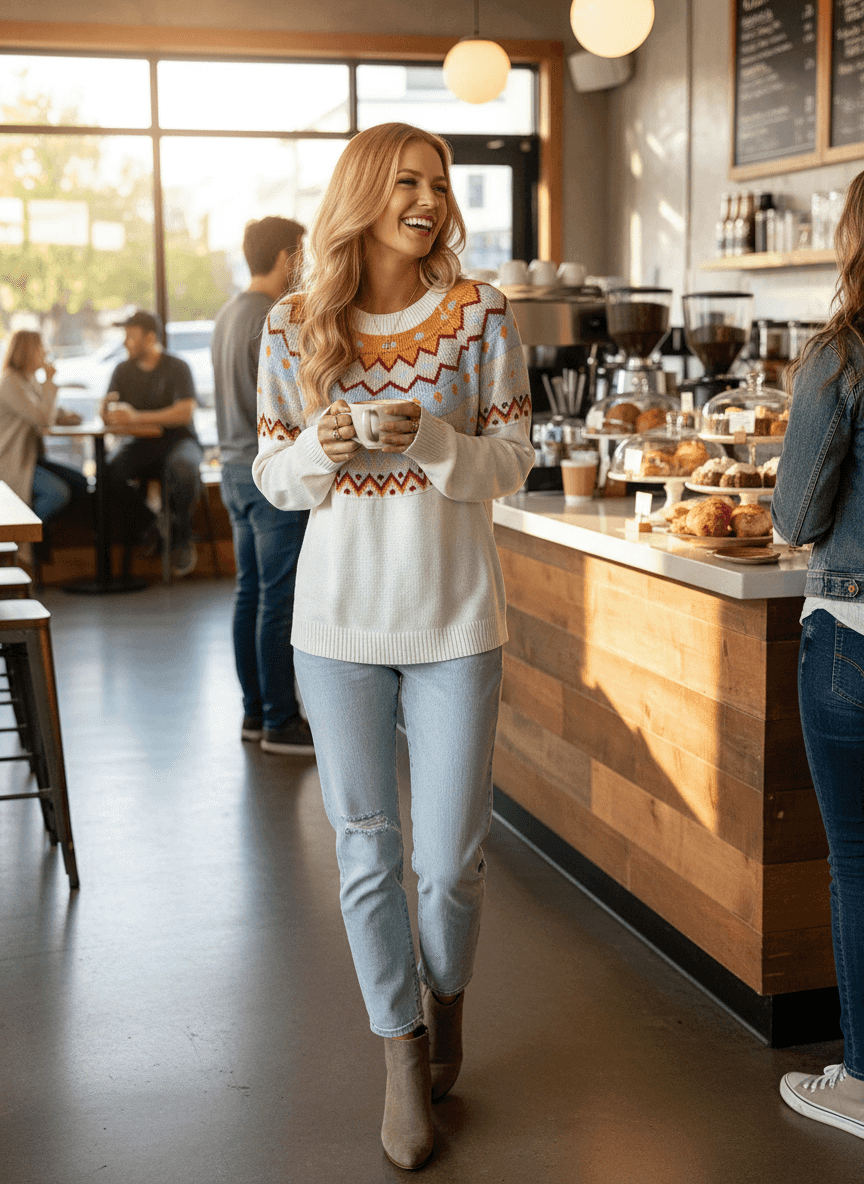 White Fair Isle Sweater - Colorful Pattern Design - Fashions Envy