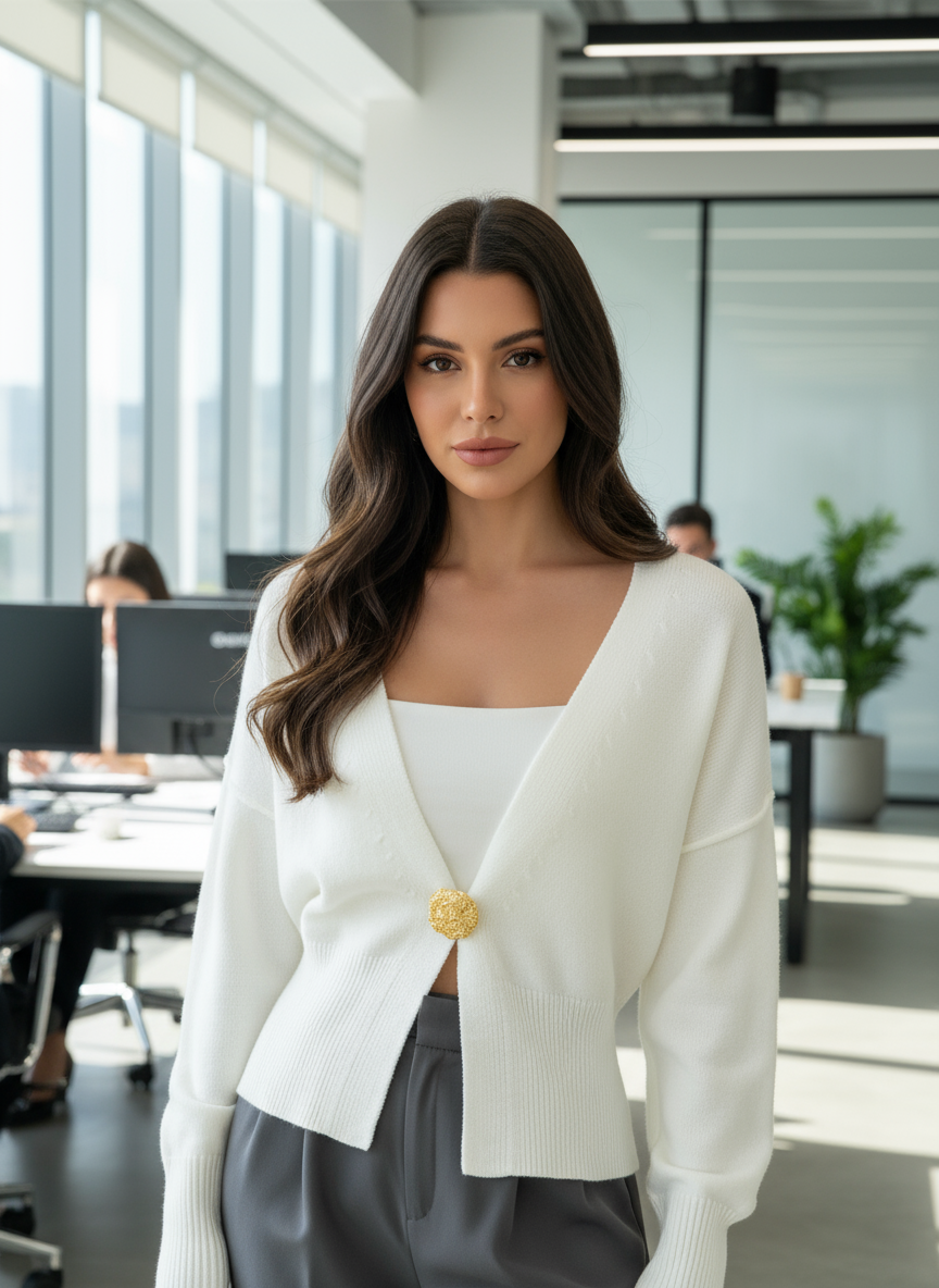 White knit cardigan professional office setting
