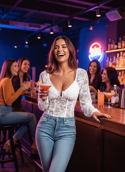 V-Neck Lace Bodysuit - Long Sleeve Sheer Style - Fashions Envy