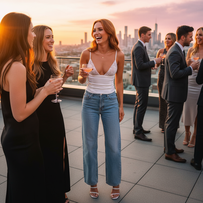 White lace camisole vest at rooftop party