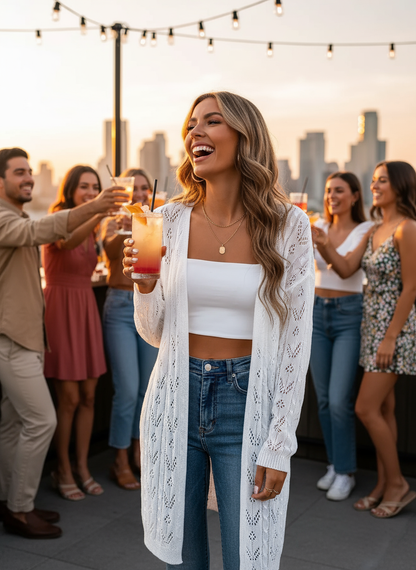 White openwork cardigan - blonde at rooftop bar
