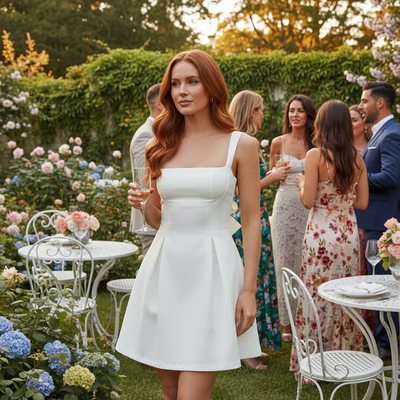 White Square Neck Fit Sleeveless Short Dress Lifestyle Image