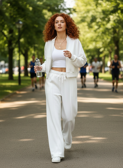 White zip-up set at urban park