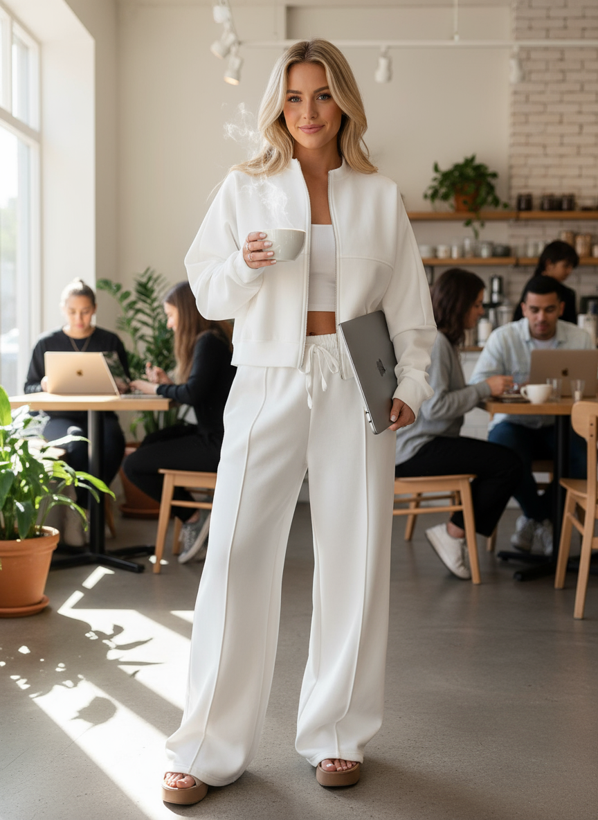 White zip-up set with reference image