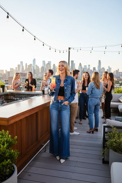 Wide Leg Jeans Rooftop Party Scene