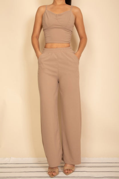 Beige Wide Leg Pants Set featuring a fitted crop top and stylish wide-leg trousers