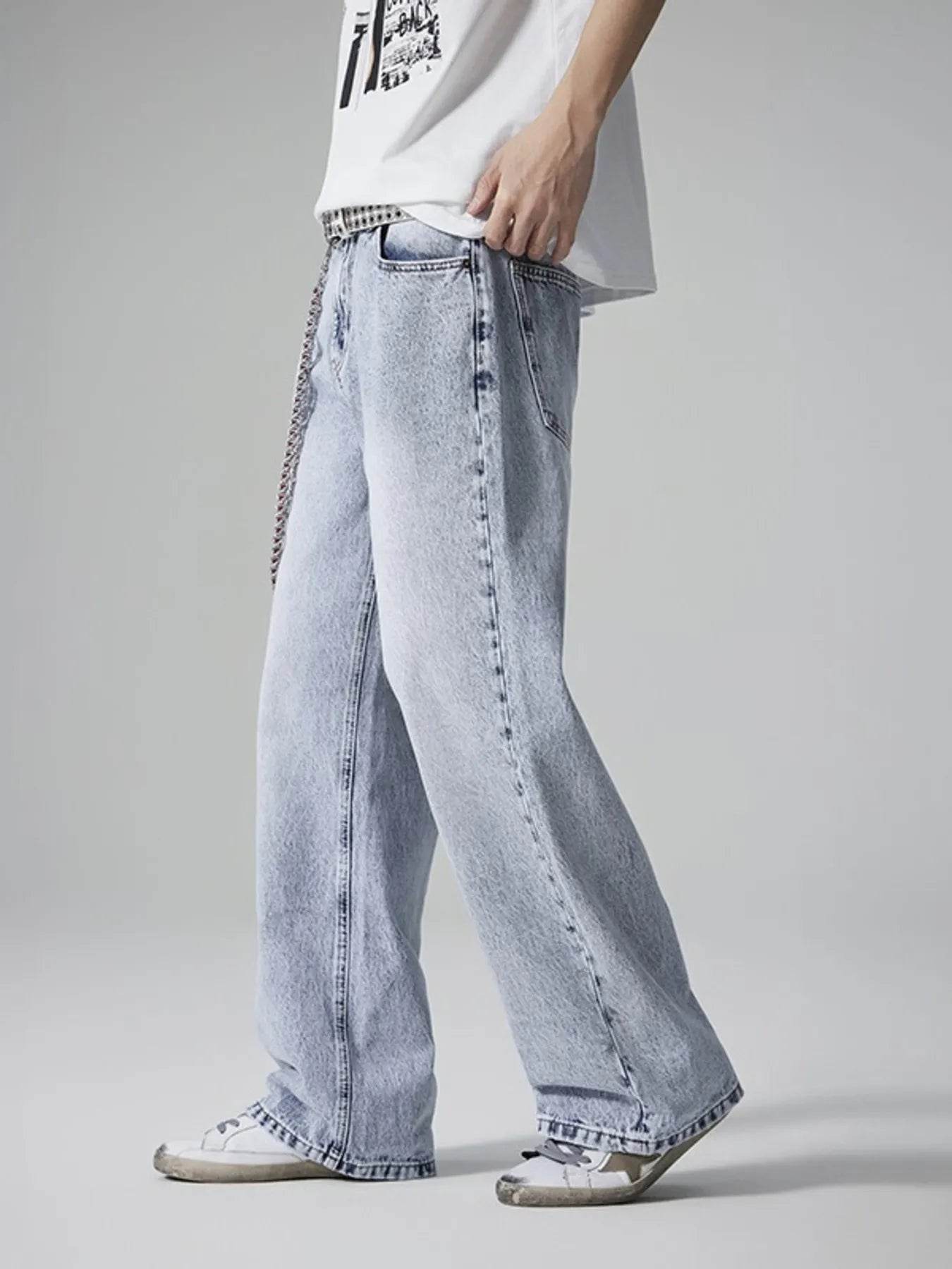 Stylish Wide Leg Washed Jeans in light blue featuring a relaxed fit and distressed details
