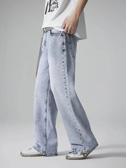 Stylish Wide Leg Washed Jeans in light blue featuring a relaxed fit and distressed details