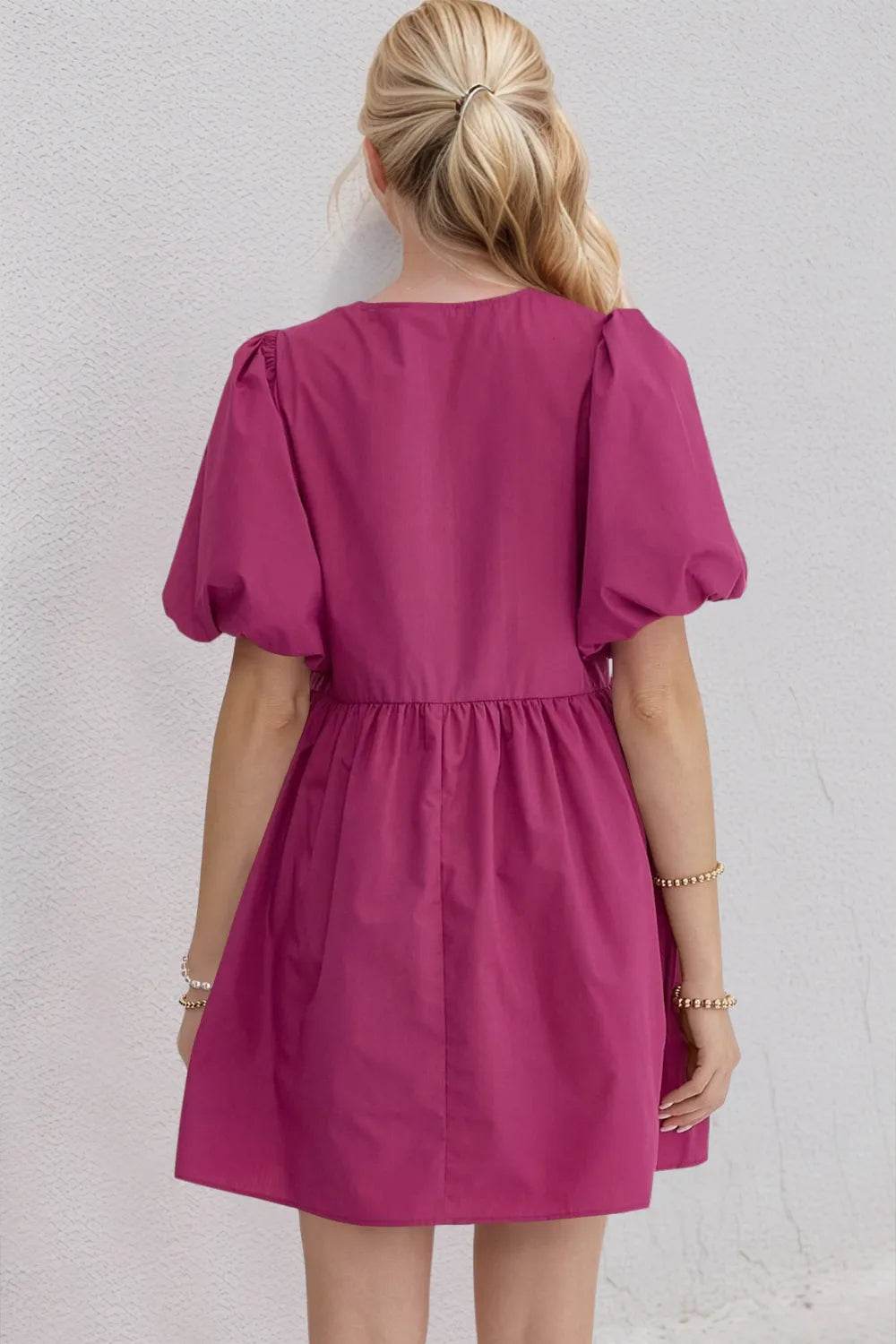 Ruched Puff Sleeve Mini Dress - Magenta Tie Waist Bow Detail - Fashions Envy