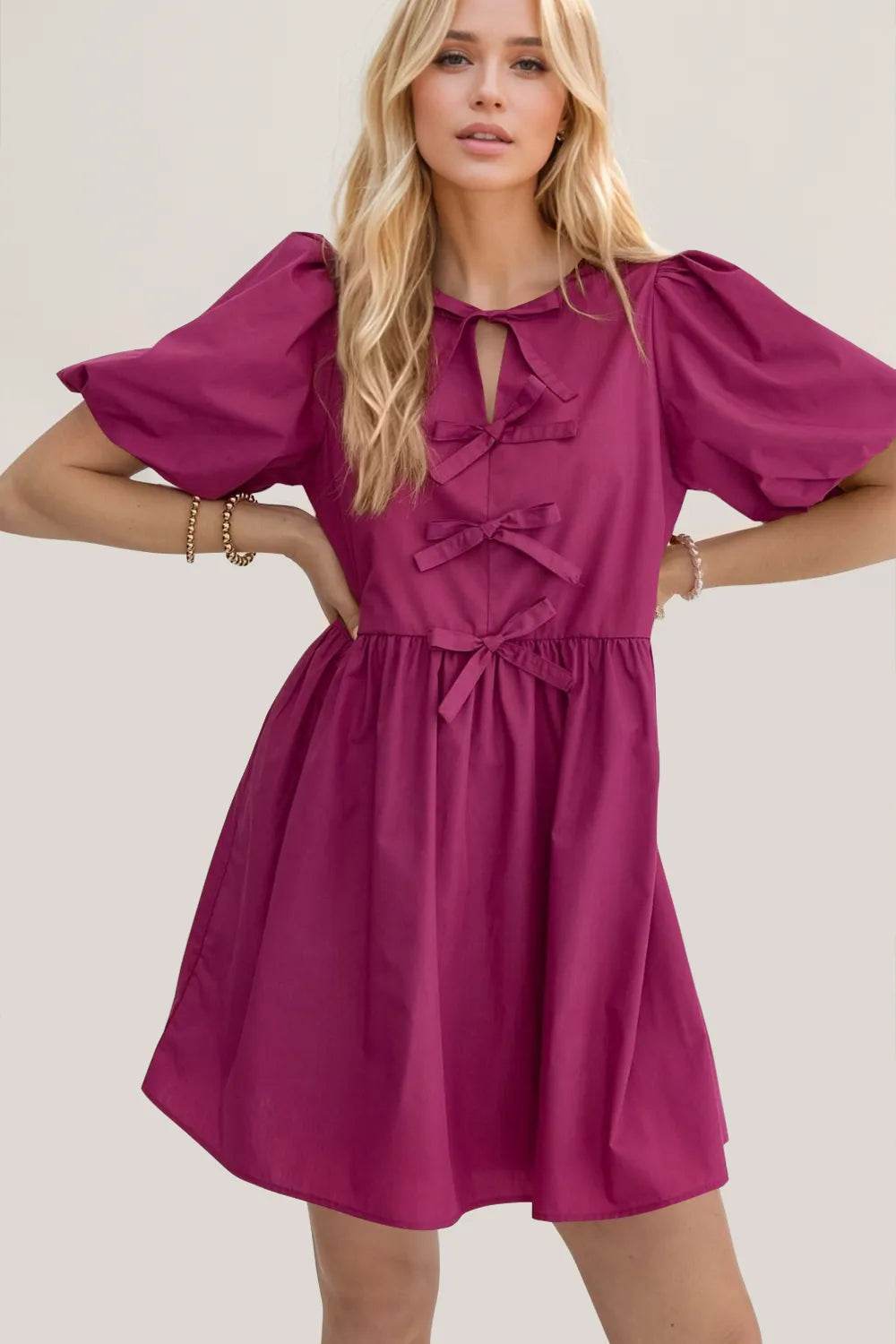 Ruched Puff Sleeve Mini Dress - Magenta Tie Waist Bow Detail - Fashions Envy