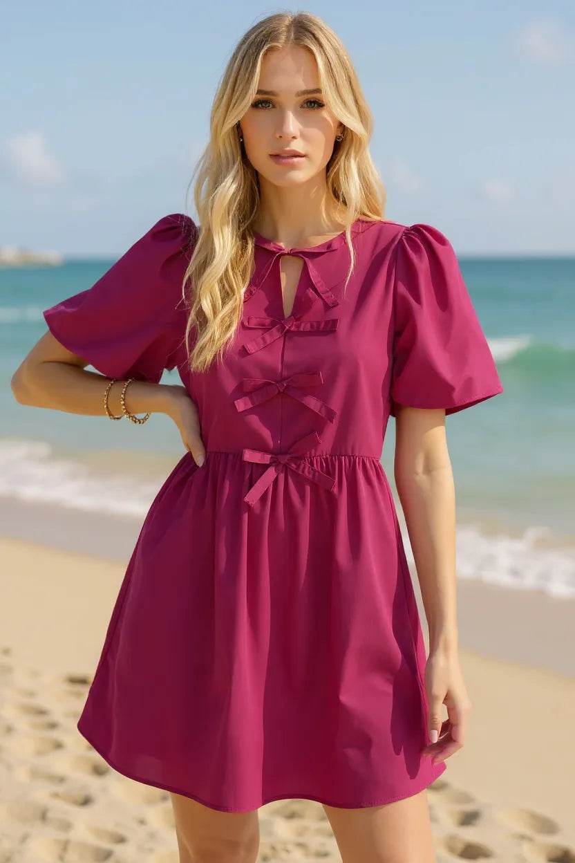 Ruched Puff Sleeve Mini Dress - Magenta Tie Waist Bow Detail - Fashions Envy