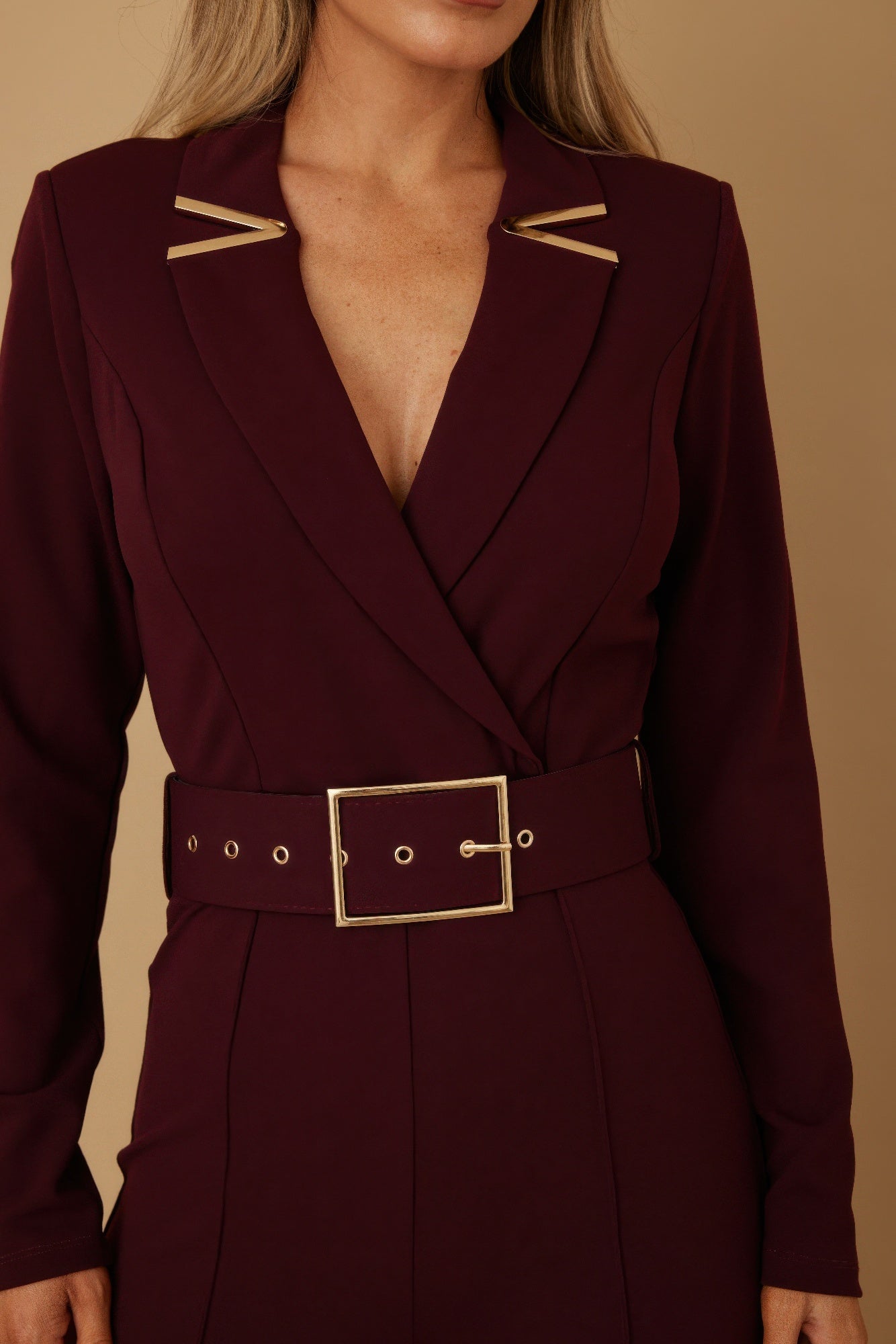 Wine Blazer Jumpsuit by VALENTINE with a stylish wrap design and statement belt