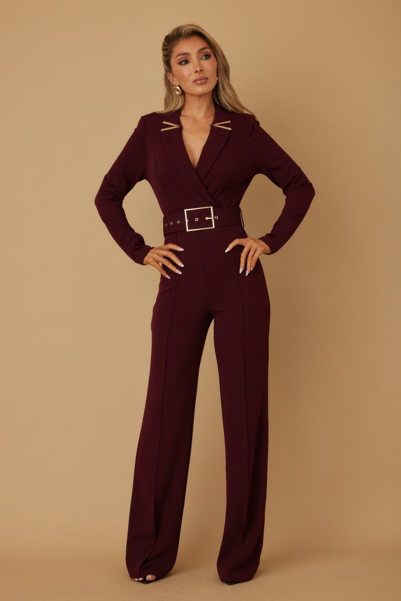 Chic Wine Blazer Jumpsuit with a Belted Waist and Elegant Design for Stylish Events