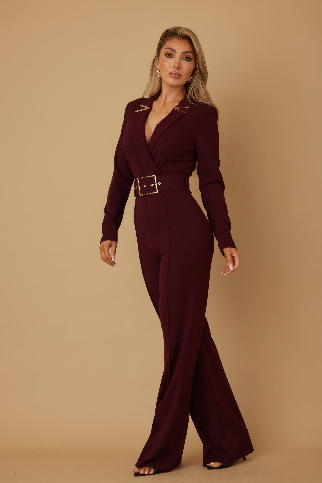 Wine Blazer Jumpsuit with a flattering silhouette and stylish belt detail for elegant occasions