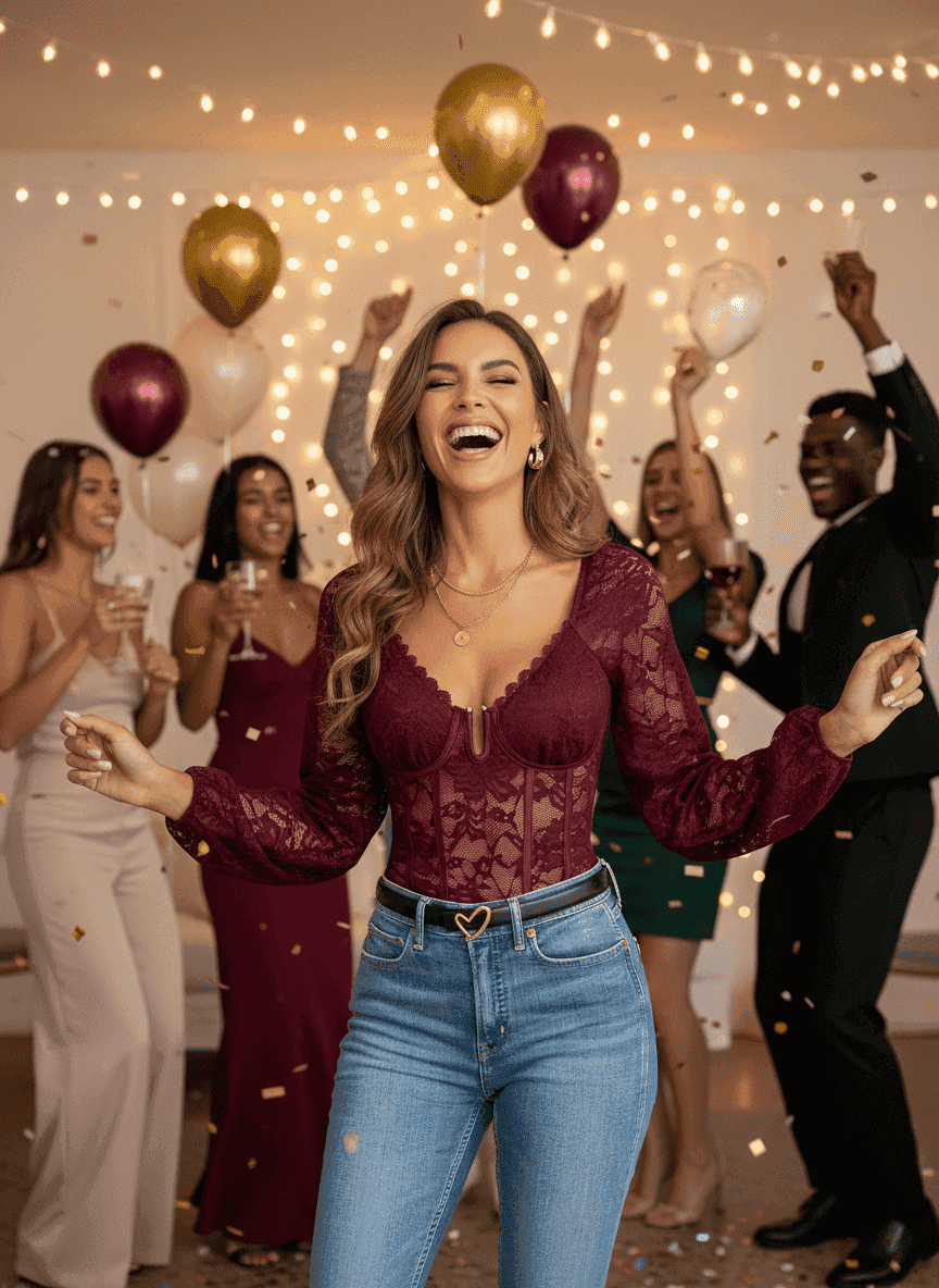 V-Neck Lace Bodysuit - Long Sleeve Sheer Style - Fashions Envy