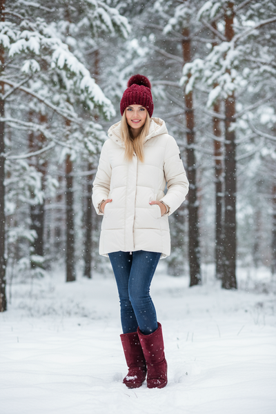 Wine red beanie with matching fuzzy boots in snowy forest