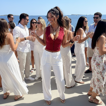 Wine red lace trim crop top lifestyle - full body yacht party