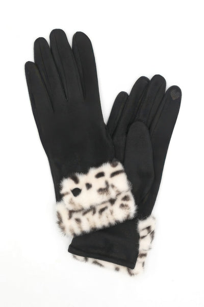 CCWHOLESALECLOTHING leopard faux fur smart touch gloves black faux leather gloves with leopard fur cuff and touchscreen tips