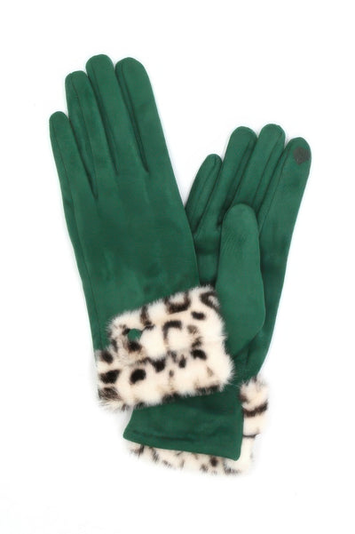 Green suede winter gloves with leopard faux fur smart touch gloves cuff and touchscreen fingertip