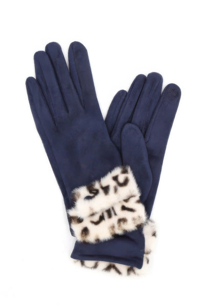 Leopard faux fur smart touch gloves navy blue womens winter gloves with touchscreen fingertips and cozy cuff
