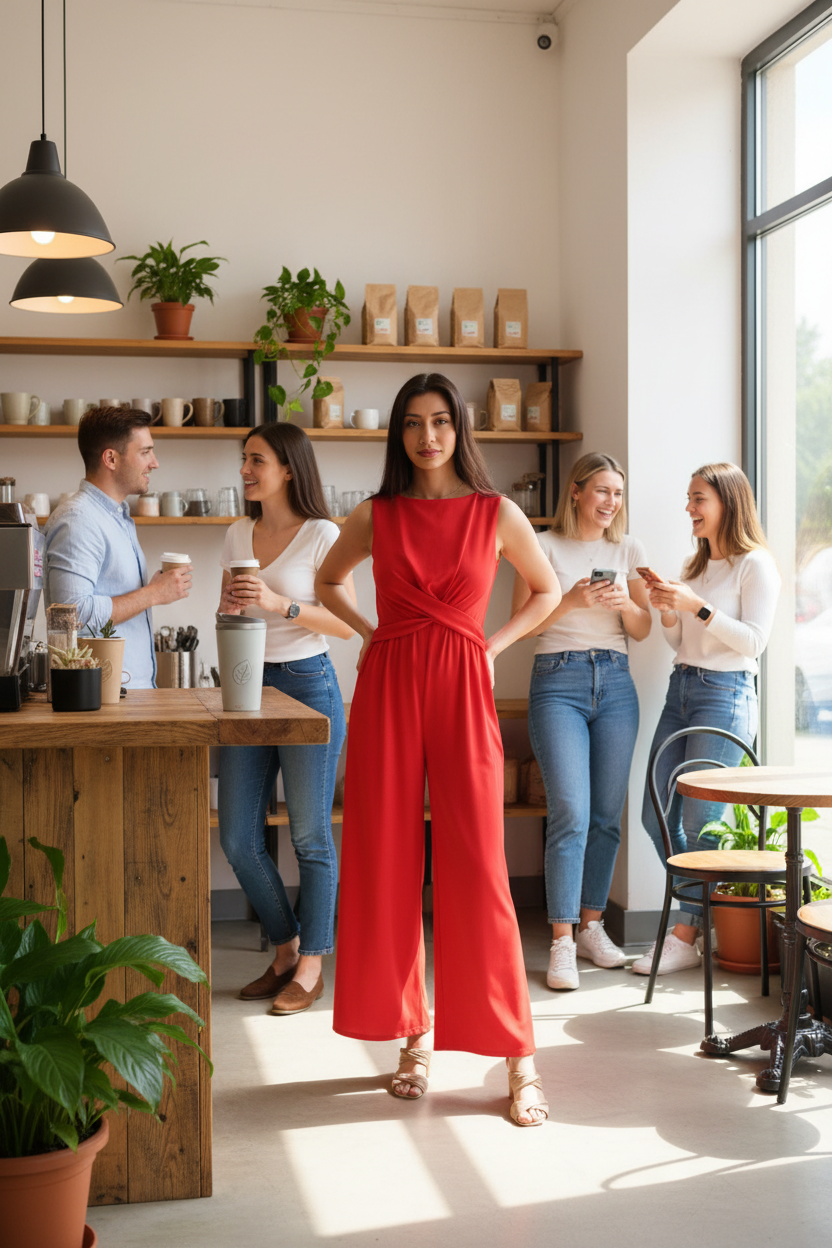 Woman at coffee shop full body
