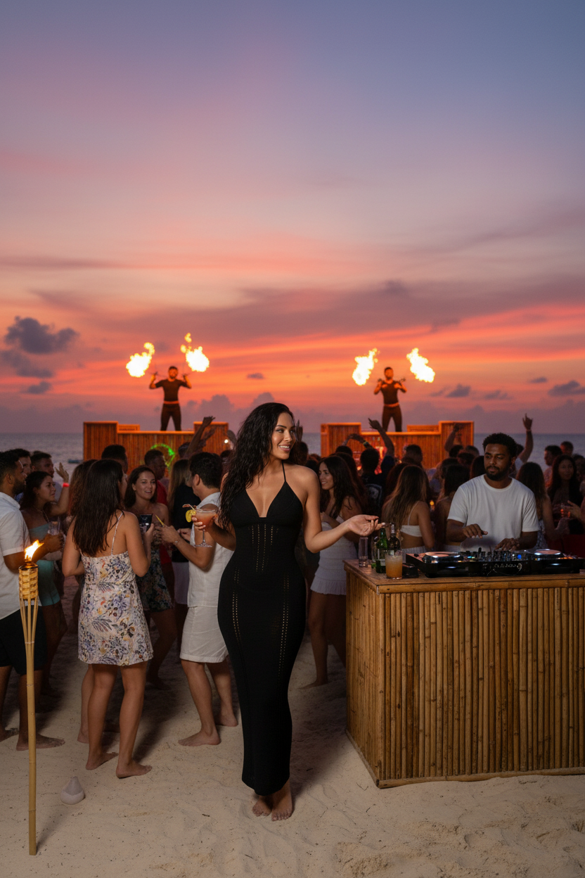 Woman in black crochet dress at beach club party
