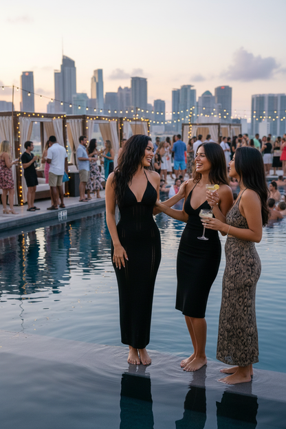 Woman in black crochet dress at rooftop pool party