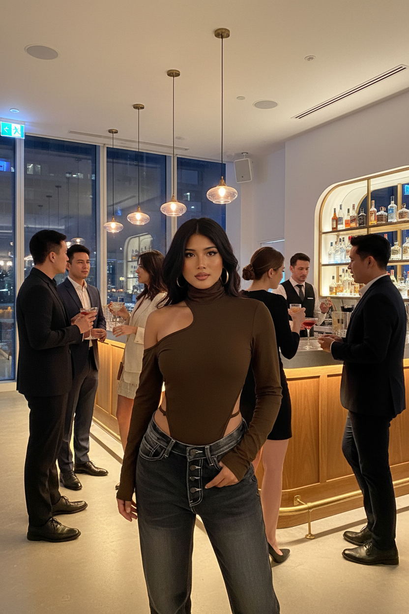Woman in bodysuit at cocktail bar