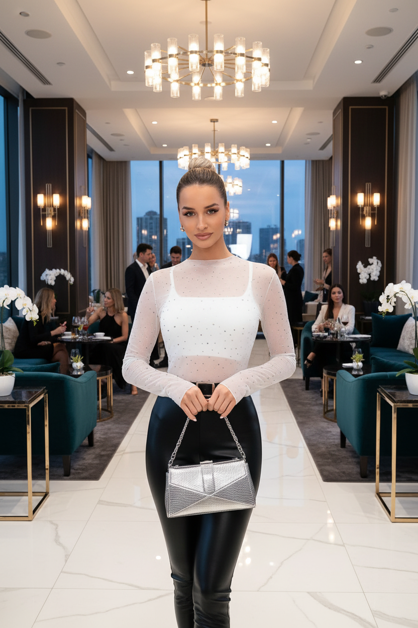 Woman in mesh rhinestone top at upscale lounge