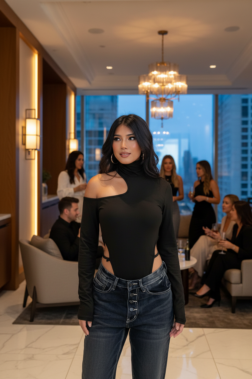 Woman in open shoulder bodysuit at upscale lounge