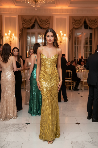 Woman in spaghetti strap sequin mermaid dress at gala