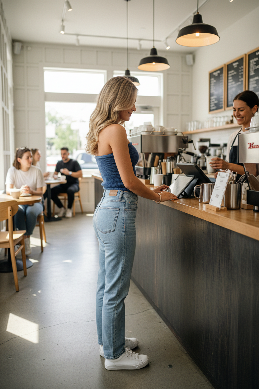 Woman in strapless crop top at coffee shop - Method 2