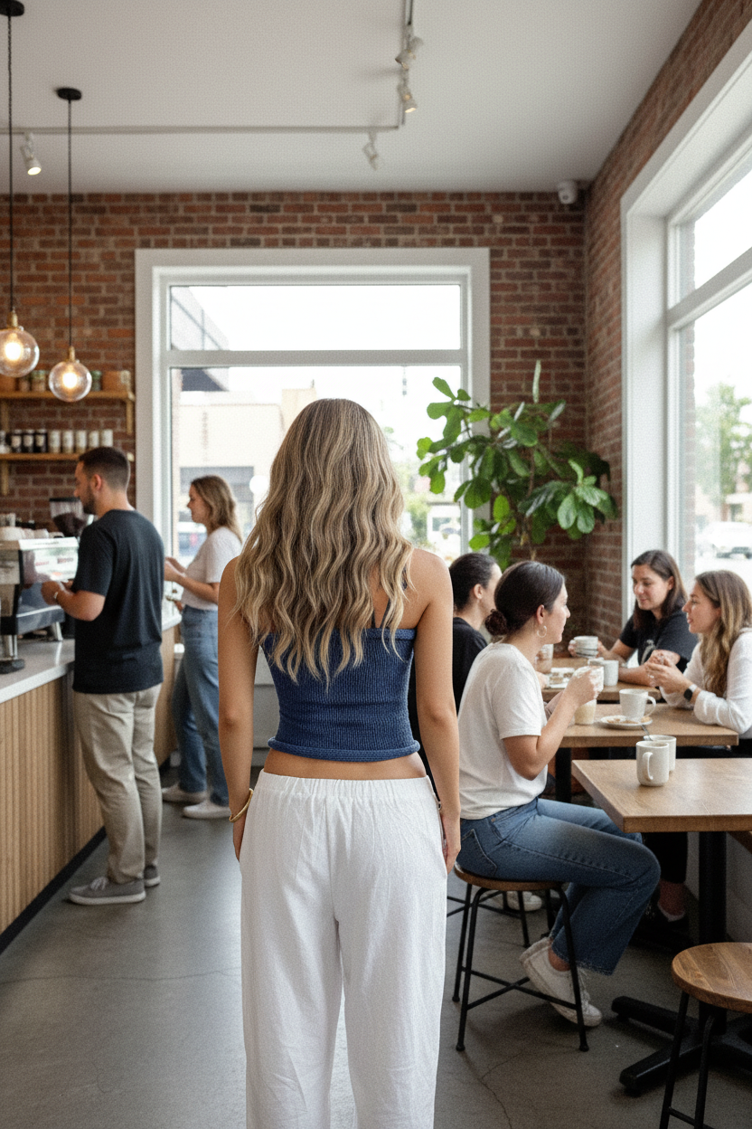 Woman in strapless crop top explicit back view