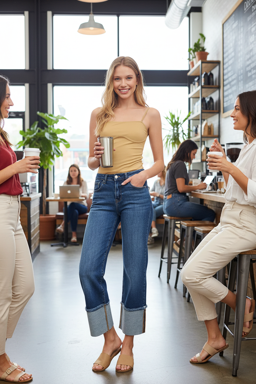 Woman standing in wide-leg cuffed jeans at urban coffee shop