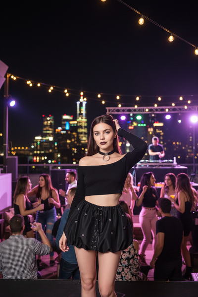 Woman wearing bubble lace-up mini skirt at urban rooftop party