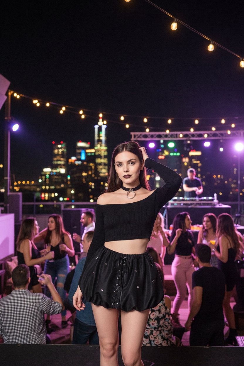 Woman wearing bubble lace-up mini skirt at urban rooftop party