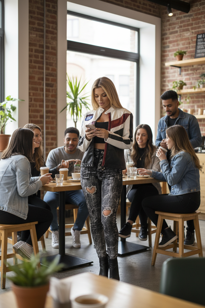 Woman wearing color block PU leather jacket at coffee shop