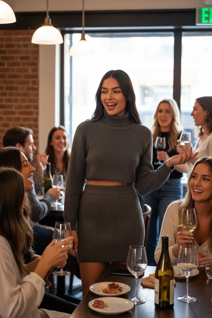 Woman wearing knit mock neck top and skirt set at wine bar