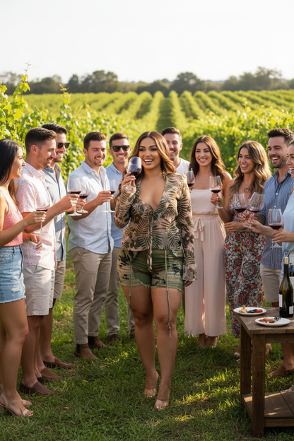 Woman wearing leaf printed sheer blouse at wine tasting vineyard