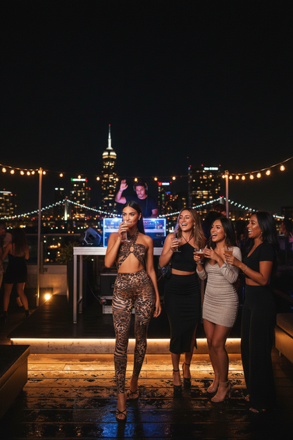 Woman wearing leopard print crop top and pants set at rooftop bar